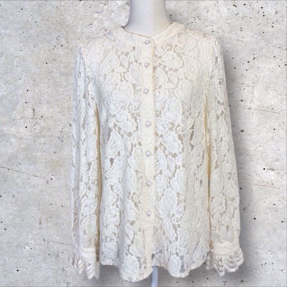 Pretty Garden Embroidered Lace Top Wms Medium Cream Button Romantic Cottagecore - Picture 1 of 12